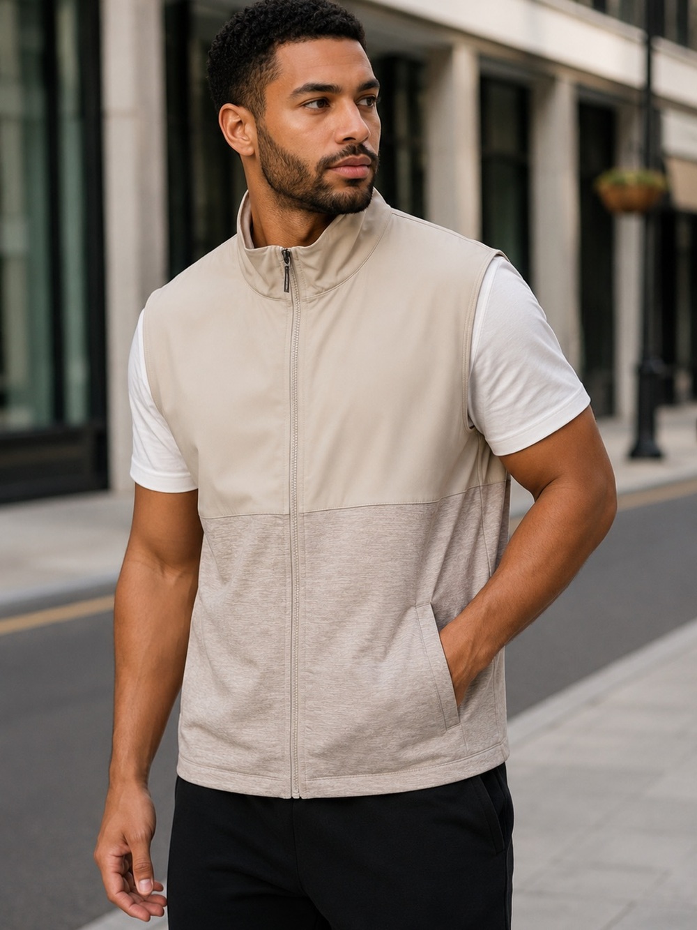 Alfani Men's Two-Tone Beige Zip Front Vest
